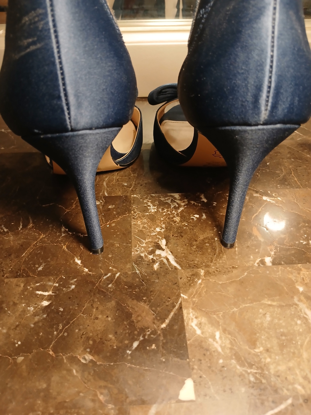 David's Bridal Navy Satin Bow Peep-Toe Heels - Picture 7 of 14